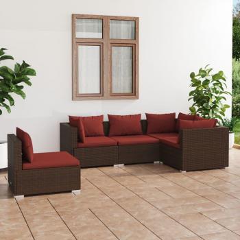 5-Piece Brown Poly Rattan Garden Lounge Set with Cushions
