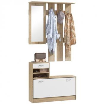 Recibidor de entrada Homcom con espejo, perchero y zapatero, mueble de 2 piezas, 6 ganchos, estantes y cajón abatible en color natural