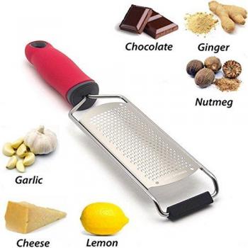 MG POWER Zester Rallador multifunción de acero inoxidable de alta calidad, con mango ergonómico de color rojo, rallador de cítricos, rallador de queso, jengibre, nuez moscada, limón, ajo, chocolate, verduras, fruta + cubierta protectora.