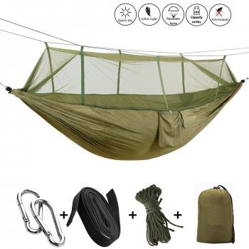 Camping Hamaca FYHAP doble Portable Nylon Hammock peso ligero Tela de paracaídas con mosquitero para el senderismo al aire libre Uso de viajes de playa de jardín