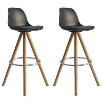 Juego de 2 Taburetes Escandinavos Tobias Negros con Cojín y Respaldo, Patas de Madera de Haya Maciza