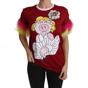 Dolce & Gabbana Red Pig Print Feather Sleeves T-shirt Top - IT38|XS