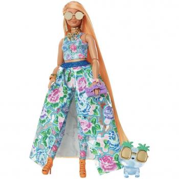 Barbie Extra Fancy Look Floral Muñeca Rubia con Falda y Top de Flores, Bata, Gatito y Accesorios de Moda (Mattel HHN14)