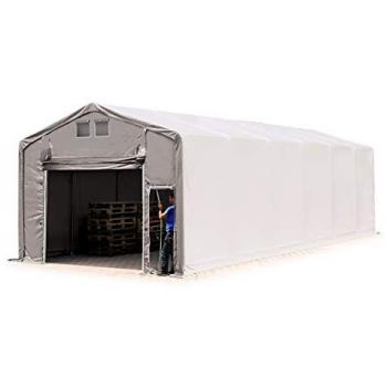 Carpa industrial Toolport 5x12 m con altura lateral de 3 m, puerta levadiza, fabricada en PVC 850 N, 100% impermeable y color gris