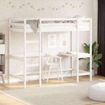 Cama Alta con Escritorio de Madera Maciza de Pino Blanca 90x200 cm