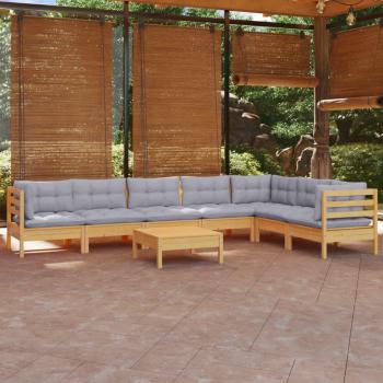8-Piece Solid Pinewood Garden Lounge Set with Gray Cushions