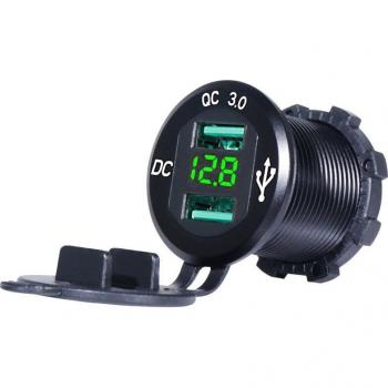 Cargador rápido impermeable 12V/24V QC3.0 con doble USB, voltímetro, cable de 60cm y fusible de 10A para coche, barco, motocicleta y camión