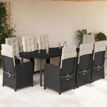 9-Piece Black Poly Rattan Garden Dining Set with Cushions