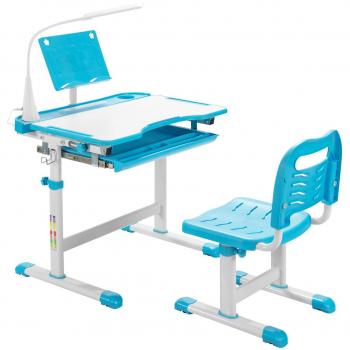 Set de Escritorio y Silla para Niños con Altura Regulable, Luz LED, Superficie Inclinada y Cajón Extraíble (Azul)
