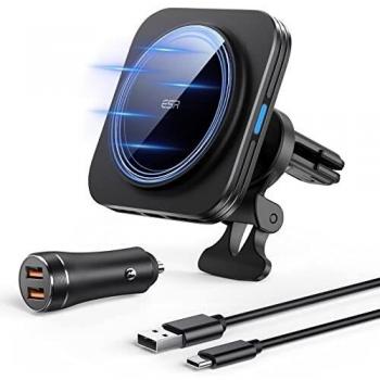ESR HaloLock Cargador Inalámbrico Magnético para Coche,Compatible Carga Rápida MagSafe, Compatible con iPhone 13/13 Pro/13 mini/13 Pro Max/12/12 Pro/12 mini/12 Pro MAX,con Adaptador Coche QC 3.0 36 W