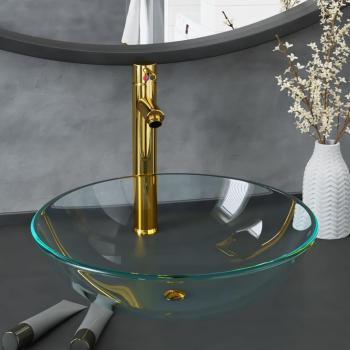 Lavabo con grifo y tapón pulsador cristal templado transparente