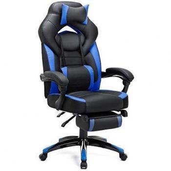 Silla Gaming Songmics con Reposapiés, Diseño Ergonómico, Reposacabezas Ajustable, Soporte Lumbar, Carga de 150 kg, Color Negra y Azul