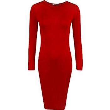 WearAll - Mujeres Manga Larga Stretch Bodycon llanura Ronda Midi Vestido Cuello - Rojo - 36-38
