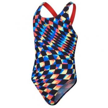 Speedo Traje de Baño Digital Allover Leaderback para Niñas - Color Negro, Tallas 15-16, Material ECO+, Diseño Allover