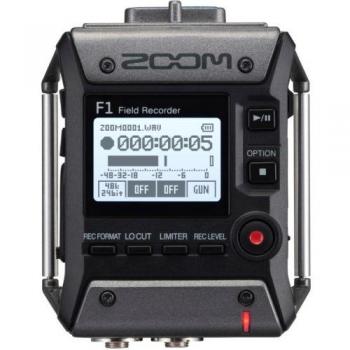 Grabadora de campo Zoom F-1 SP con micrófono de solapa, grabación en formato WAV y MP3, interfaz USB, pantalla LCD retroiluminada, capacidad para tarjetas microSD de hasta 128 GB, batería AA con