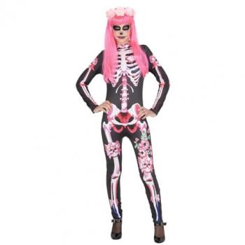 Disfraz adulto Skelita Catrina Rosie Rubies, disfraz de Catrina Esqueleto negro y rosa con diadema para mujer, talla L, mono estampado esqueleto y diadema de flores, licencia