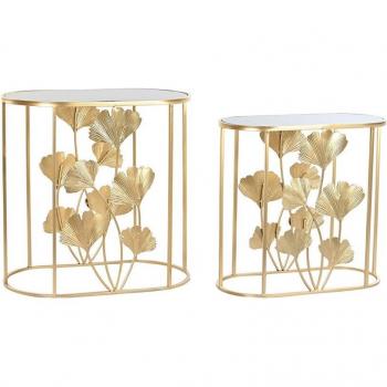 Juego de 2 Mesitas Auxiliares DKD Home Decor Cristal y Metal Dorado con Diseño Tropical (61 x 35 x 60 cm)
