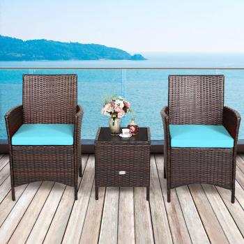 Rattan Outdoor Cushioned Conversation Set with Blue Pillows