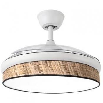 Ventilador DC Moda 72W Blanco/Cañizo Oscuro con 3 Aspas, 7200lm, Luz Regulable (3000k/4000k/6000k), Mando a Distancia y Temporizador