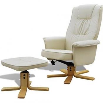 vidaXL Sillón Reclinable con Reposapiés Madera y Cuero Sintético Blanco Crema