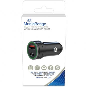 Cargador de coche MediaRange 20W con 1x USB-A y 1x USB-C, salida de 3.4 A, compatible con smartphones y tabletas con conexión micro-USB