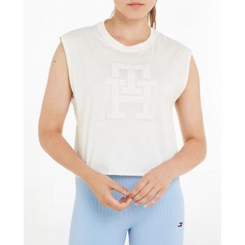 Camiseta sin mangas Tommy Hilfiger Relaxed C-Neck Monogram blanca para mujer - S