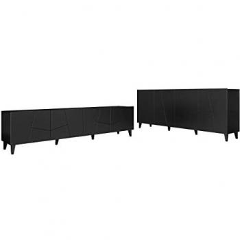 Conjunto de salón Charlotte 182, Muebles ES, Aglomerado laminado, MDF, 83 x 42cm - Negro, Partes separadas, Con mesa de tv, mecanismo de cierre amortiguado, patas antidesliz