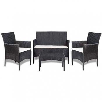 4-Piece Black Poly Rattan Garden Lounge Set with Cushions