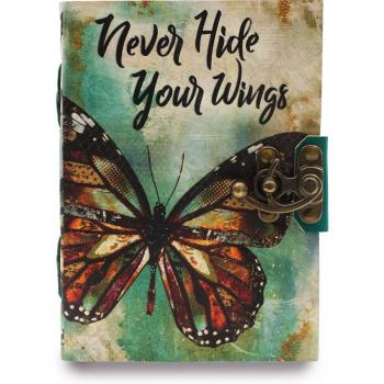 Cuaderno de cuero Never Hide Your Wings (7x5) - Cuaderno de cuero, tamaño 7x5 pulgadas, diseño inspirador con la frase Never Hide Your Wings, encuadernación en cuero, ideal para notas