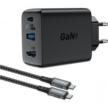Cargador de pared Acefast A17 65W GaN con cable USB-C y adaptador HDMI 4K (Negro)