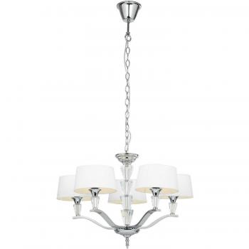 Lámpara colgante Fiennes, cromo y cristal, con pantalla de tela blanca, 5 luces E14