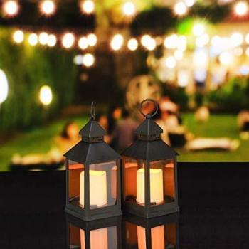 Set de 2 Faroles LED con Efecto Llama, Decorativos para Exterior, Altura 23 cm, Color Negro