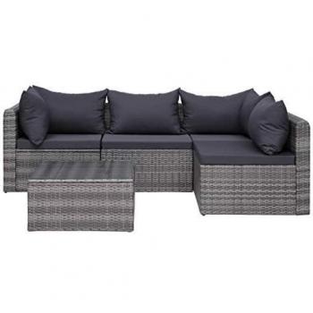 5-Piece Grey Poly Rattan Garden Sofa Set with Cushions and Pillows