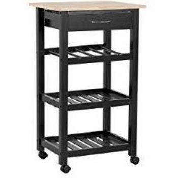 Carrito de cocina negro de madera de caucho y MDF con 2 estantes, cajón para cubiertos, botellero y ruedas - 58 x 40 x 85 cm