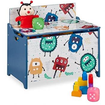 Caja de Juguetes Diseño Monstruos, Baúl Infantil Almacenaje con Tapa, Arcón para Niños, 50x60x36.5cm, MDF, Azul/Blanco
