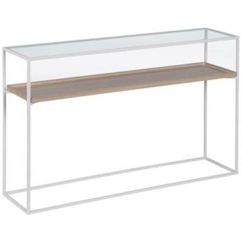 Consola Blanca Natural con Estante de Cristal y Hierro, Madera MDF 120 x 30 x 75 cm