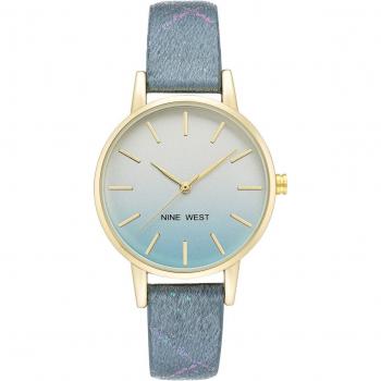 Reloj Nine West NW/2512GPBL, tipo: Reloj de mujer, características: Caja dorada de acero inoxidable, esfera azul con detalles en dorado, correa de malla metálica dorada, resistente al agua