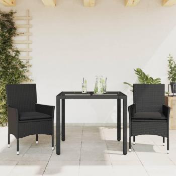 Set de comedor de jardín 3 piezas con cojines y mesa de vidrio en polyrattan negro