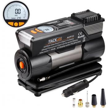 Compresor de aire, TACKLIFE-ACP1C- Bomba inflador portátil Coche con pantalla digital, luz LED, 12V, 4 adaptadores boquilla, cable de 2,8m , para Vehículos, Neumáticos, Pelotas, Objetos hinchables