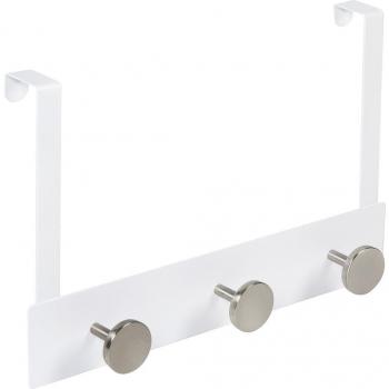 Percha sobrepuerta con base blanca y 3 pomos de acero inoxidable