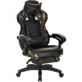 Silla Gaming Deportiva con Reposacabezas, Cojín Lumbar y Reposapiés en Piel Sintética Camuflaje