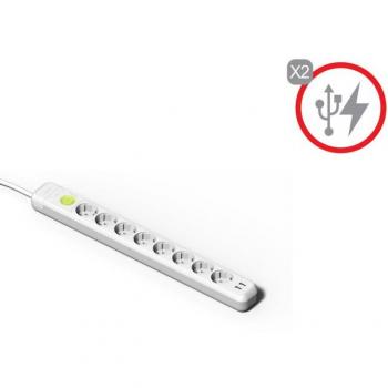 Base de enchufes 8 tomas con cable de 1,5 metros, interruptor y 2 puertos USB, color blanco, modelo Famatel 2639
