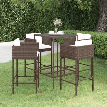 5-Piece Brown Poly Rattan Garden Bar Set with Cushions