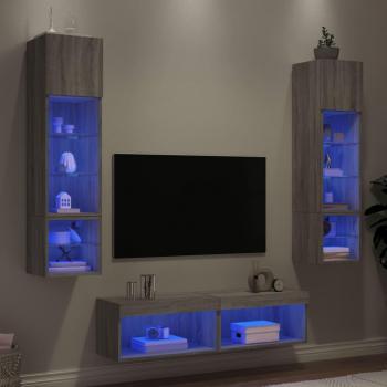 Muebles TV pared con LED 6 piezas madera ingeniería gris Sonoma