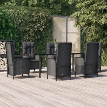 7-Piece Outdoor Dining Set with Cushions in Black Poly Rattan