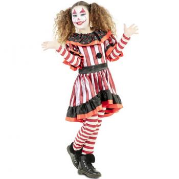 Disfraz de Payasa Sangrienta Roja para niña - Incluye vestido rojo con manchas de sangre, delantal blanco, calcetas negras, medias a rayas y gorro
