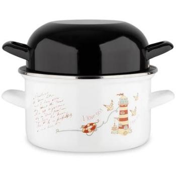Cacerola Esmaltada Baumalu 20 cm con Tapa Negra y Decoración de Faros - Color Blanco