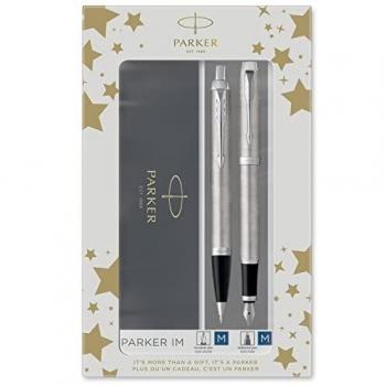 PARKER Dúo equipado | IM | Acero inoxidable con detalles cromados | Bolígrafo medio y pluma estilográfica