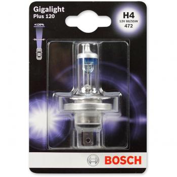 Lámpara Halógena Bosch H4 Gigalight Plus 120% 12V, 60/55W, Casquillo Tipo P43t, Faro de Carretera, Paquete de 1 Lámpara