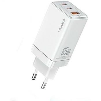 Cargador de Pared Usams 65W con 2 Puertos USB-C y 1 Puerto USB-A, Carga Rápida GaN PD3.0 + QC3.0, Blanco